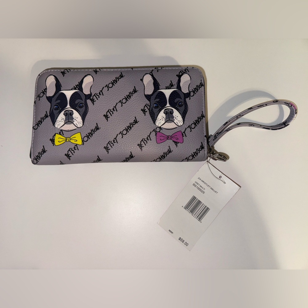 Gray Wallet with French Bulldog Dog Print and Bow Accents